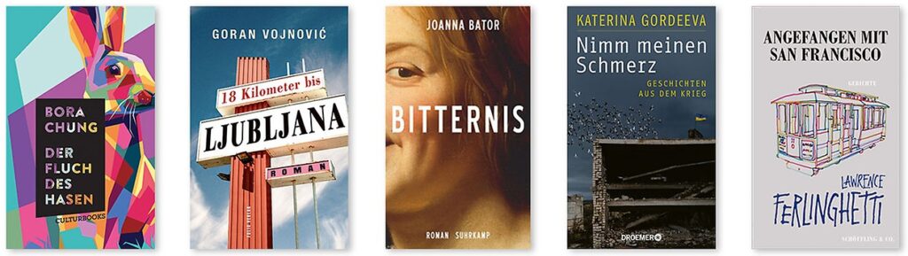 Die Cover von 5 Büchern. Die Nominierten aus der Kategorie Übersetzung.
Die Nominierten für den Preis der Leipziger Buchmesse stehen fest und wurden  veröffentlicht. 